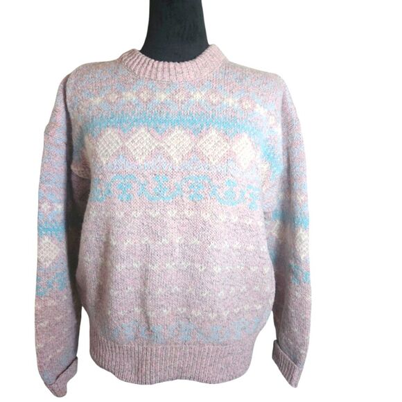 Vintage Eddie Bauer Fairy Kei Fair Isle Pink Wool Blend Sweater Size M - Picture 1 of 5
